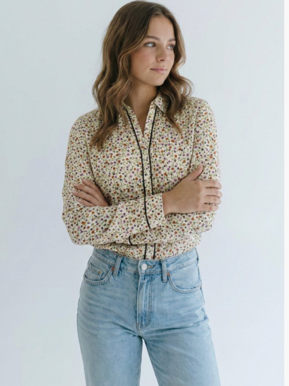 Zara Size XL Cream Floral Tie-Neck Long Sleeve Blouse Button Down